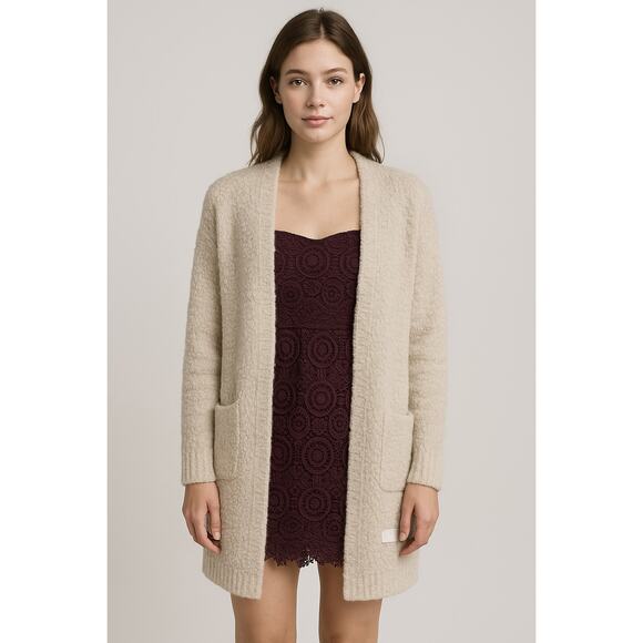 Rachel Zoe Sweater Women XS Beige Open Front Textured Knit Cardigan Pockets Cozy - Picture 1 of 9